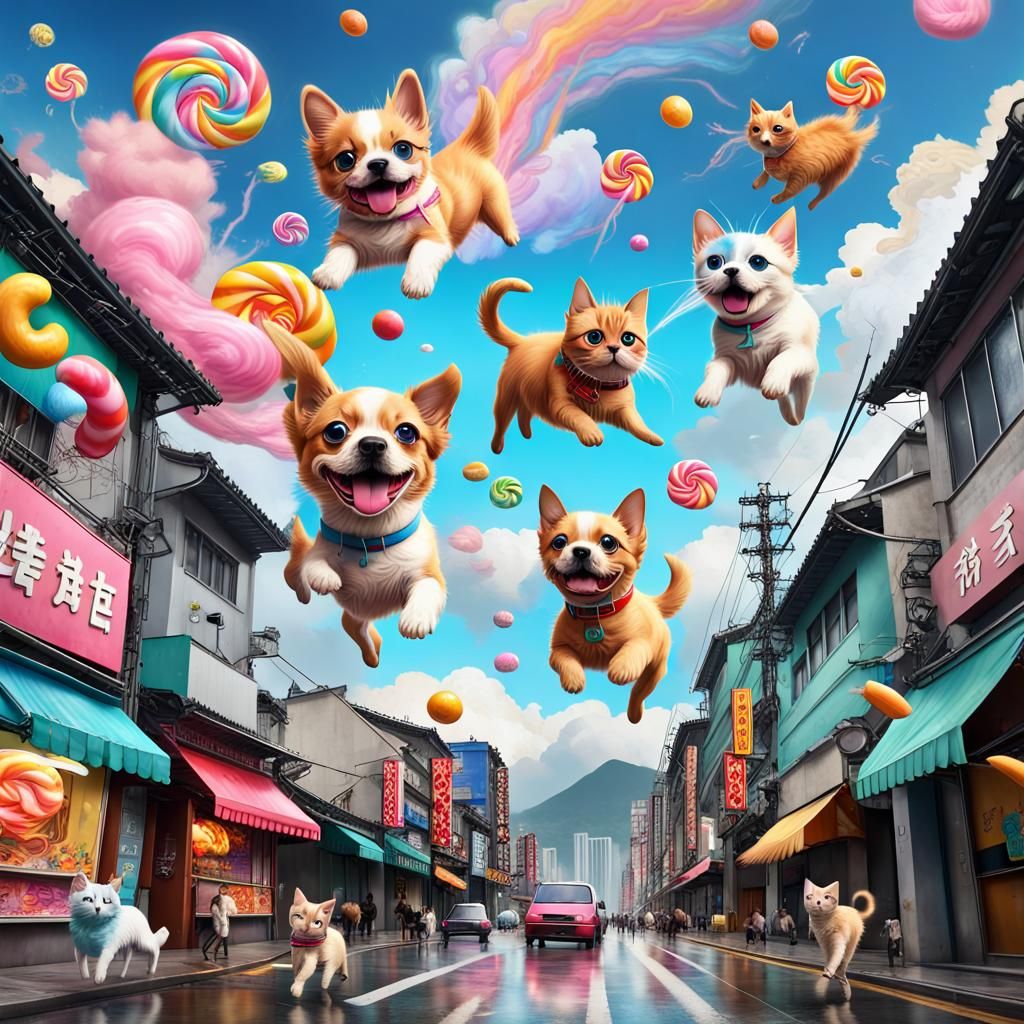 On the street of taipei, dogs and cats were blown up in the sky, strong typhoon.