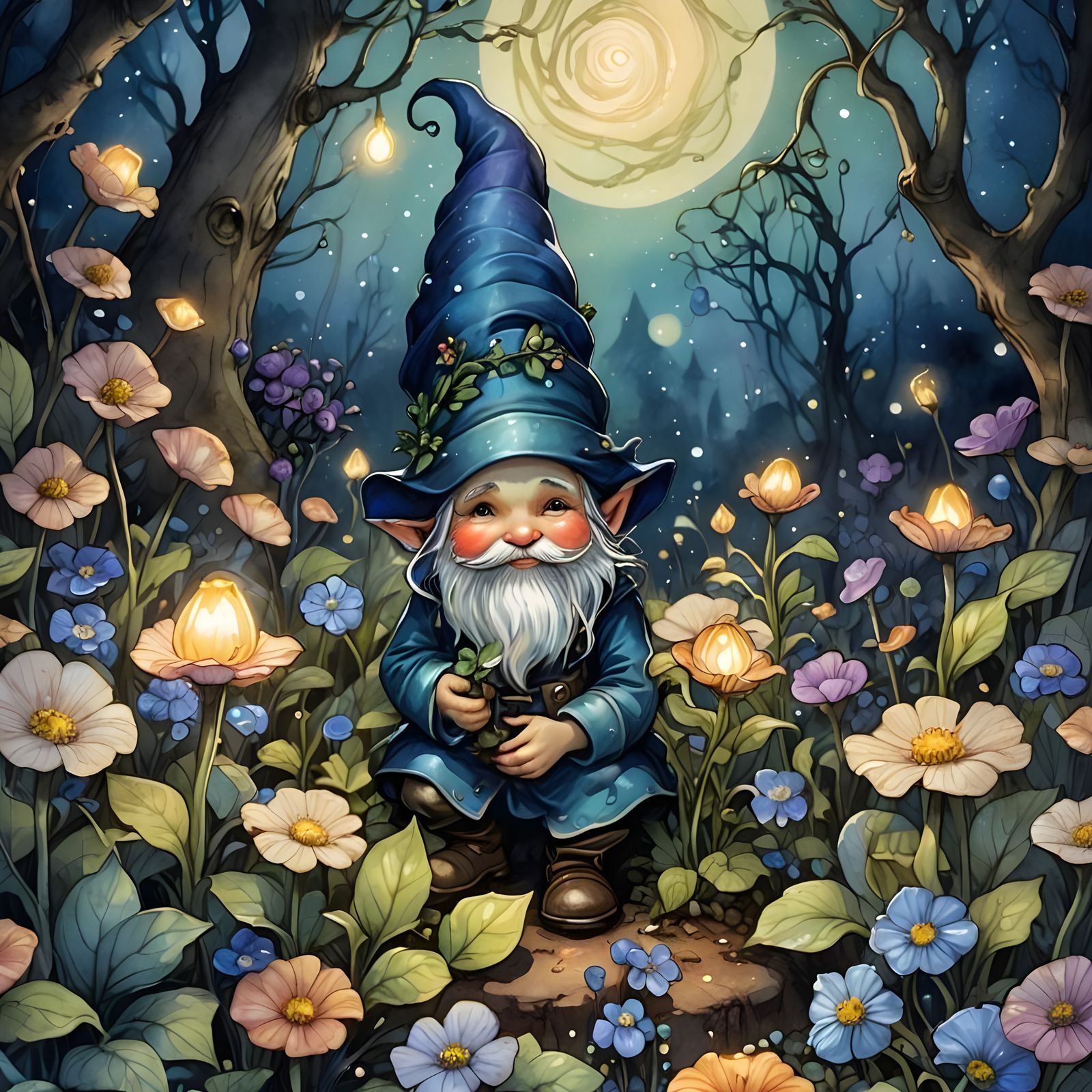 Chibi Gnome Gardener in Bioluminescent Night Garden
