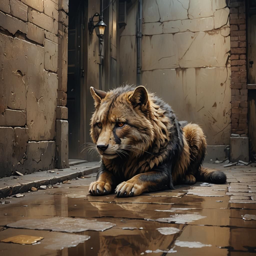 Sad Animal in Alleyway: Oil Painting Concept Art