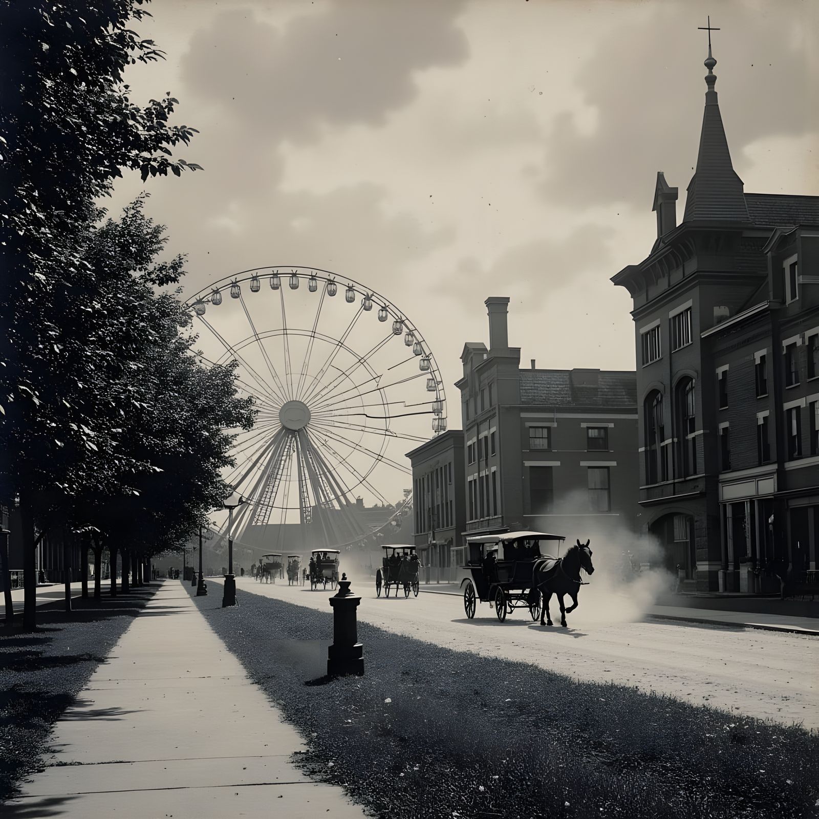 Vibrant Black and White Street Scene with Emerging Ferris Wh...