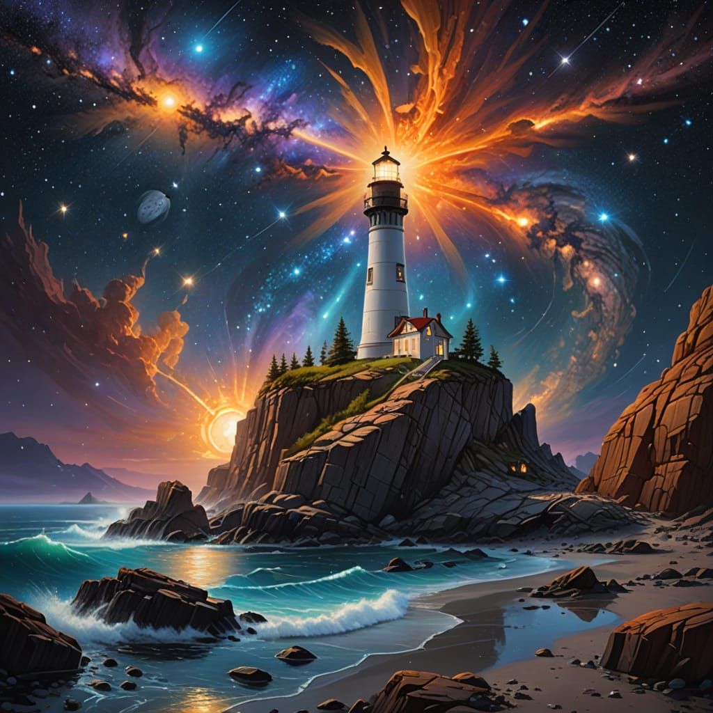 Transparent Crystalline Lighthouse Amidst Cosmic Wonders