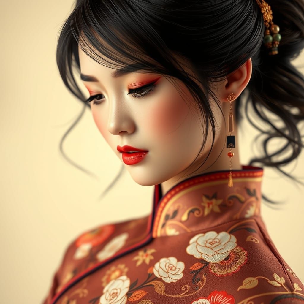 Exquisite Chinese Woman in Embroidered Cheongsam Close-Up