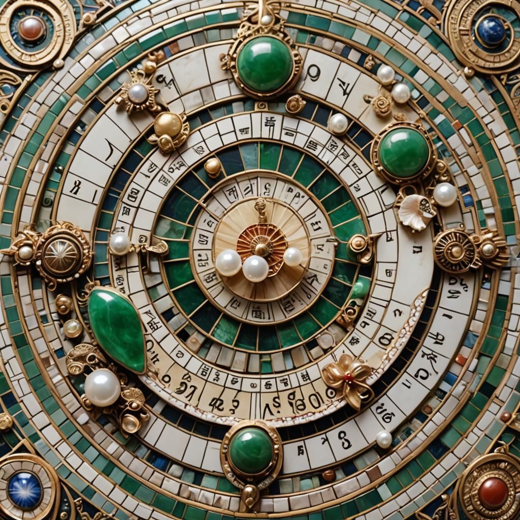 Ornate Mosaic Stone Celestial Calendar with Shell and Jade