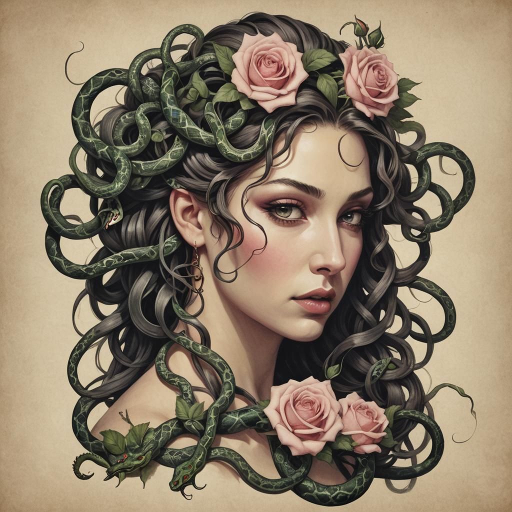Medusa with Snakes in Ponytail, Rose Accessory