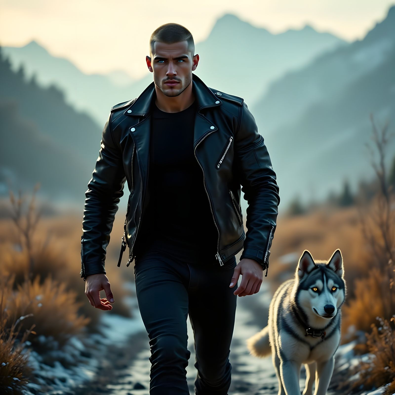 Cinematic Man Walking Dog in Serene Landscape