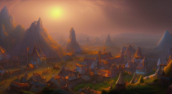 Medieval Hilltop Village in Detailed Matte Painting