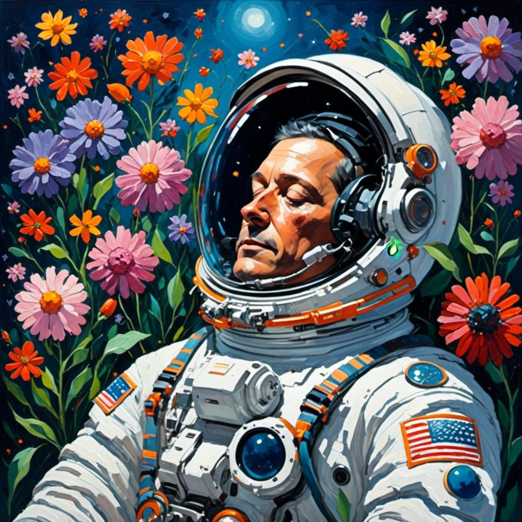 An astronaut lying in a garden of flowers. The universe is r...