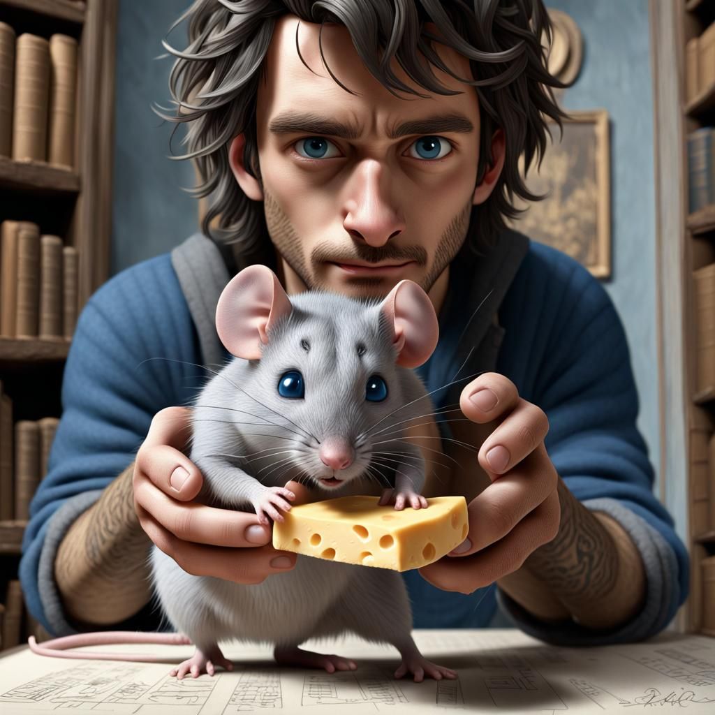 Man Lovingly Gazes at Mouse in Antique Library