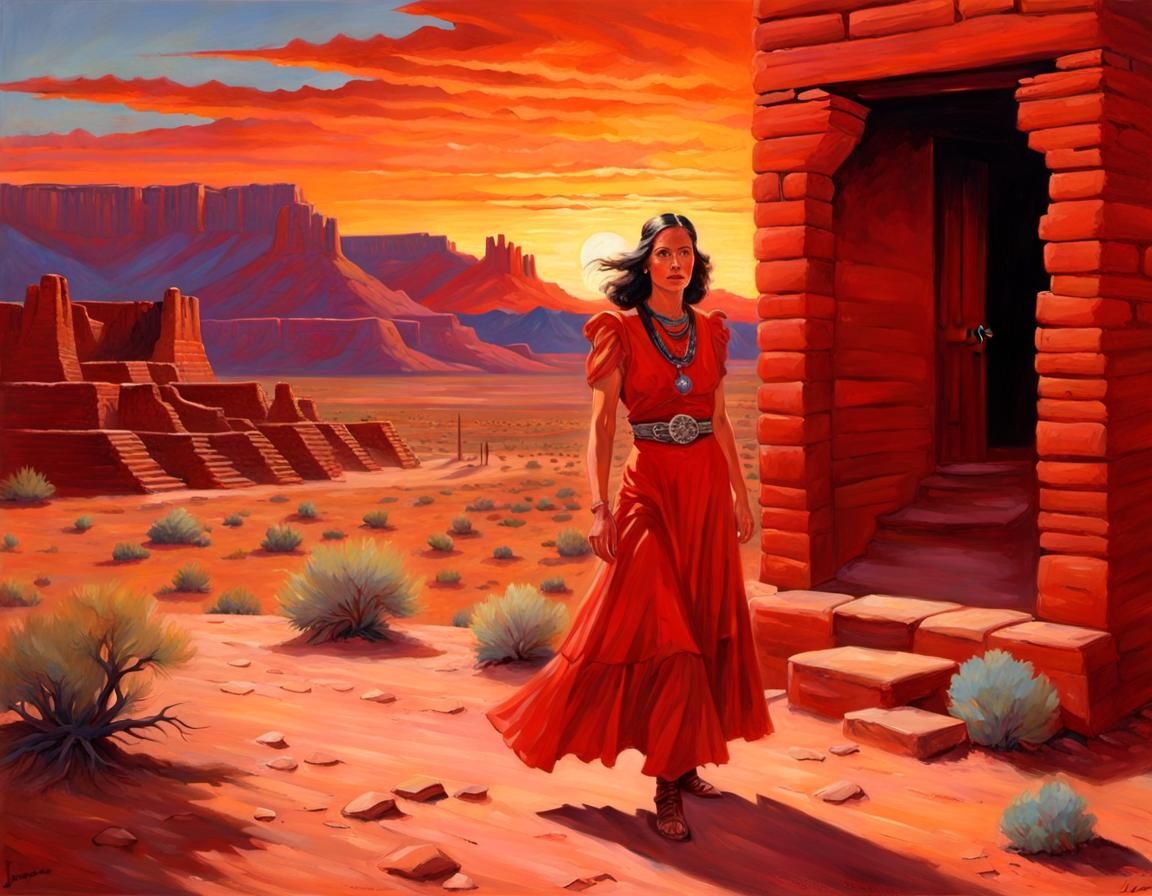 Explorer in Red Desert Sunset: Oil Painting