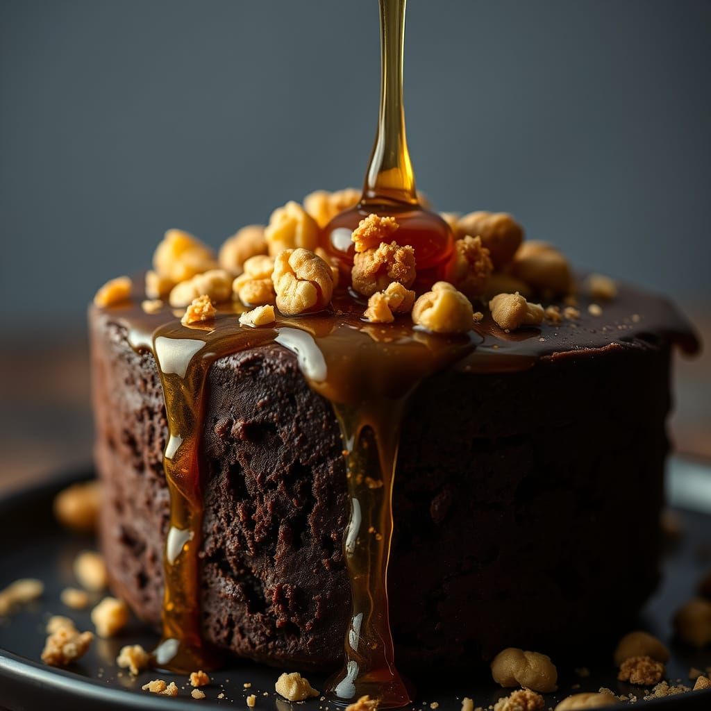 Warm Honey Drizzled Over Mocha Chocolate Cake with Crunchy P...
