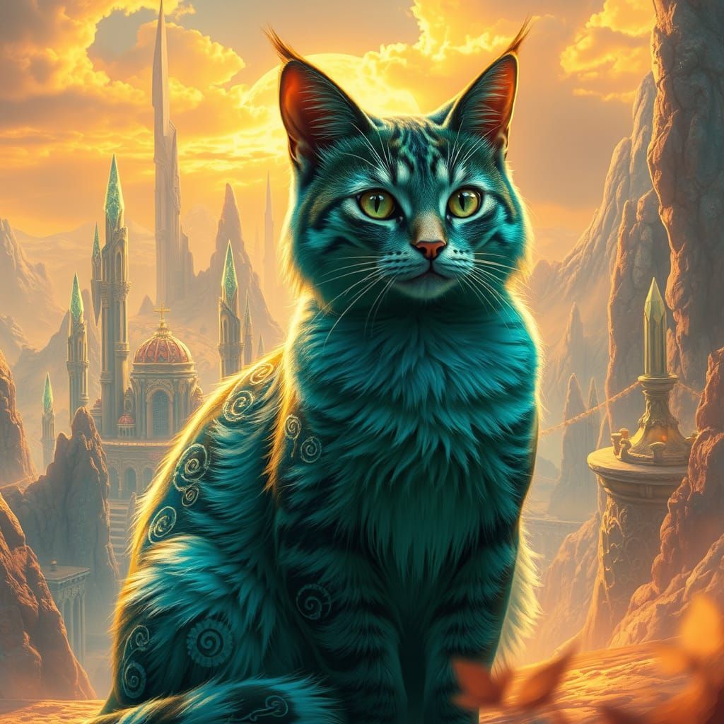 Regal Feline in a Vibrant Mythic Realm