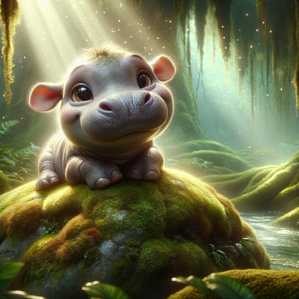 Cute Baby Hippo Sunbathing in Fantasy Swamp