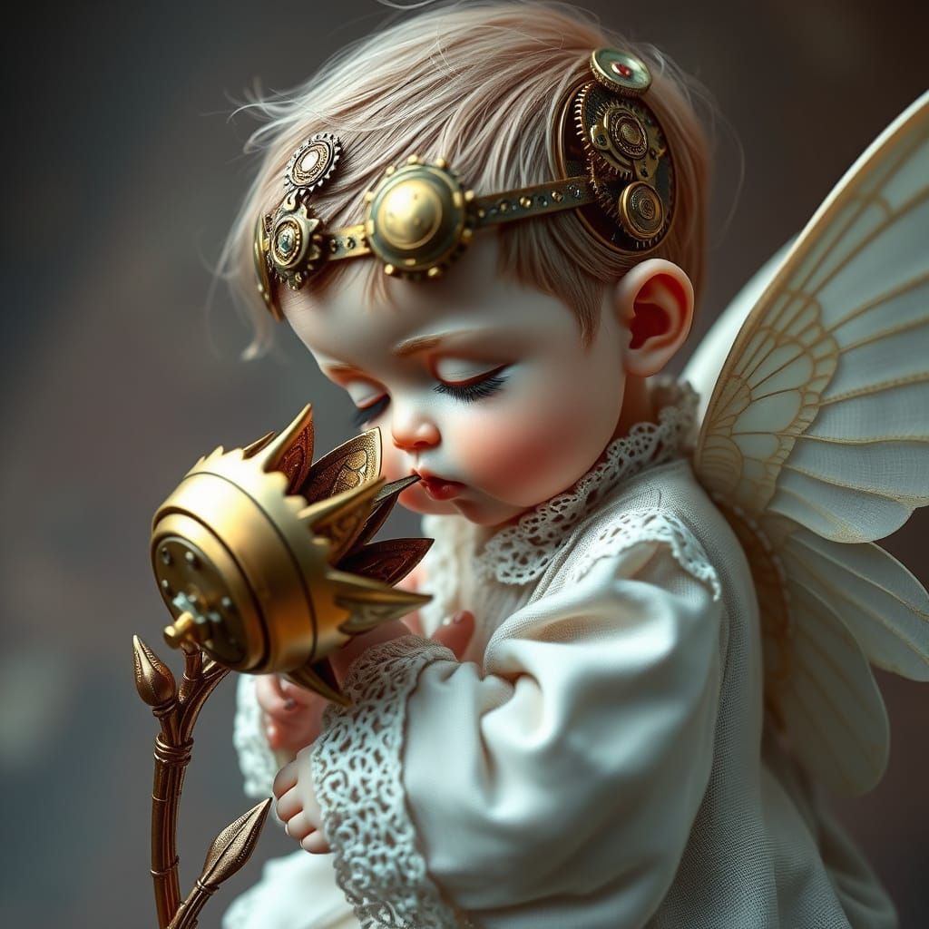 Steampunk Baby with Clockwork Flower and Hummingbird