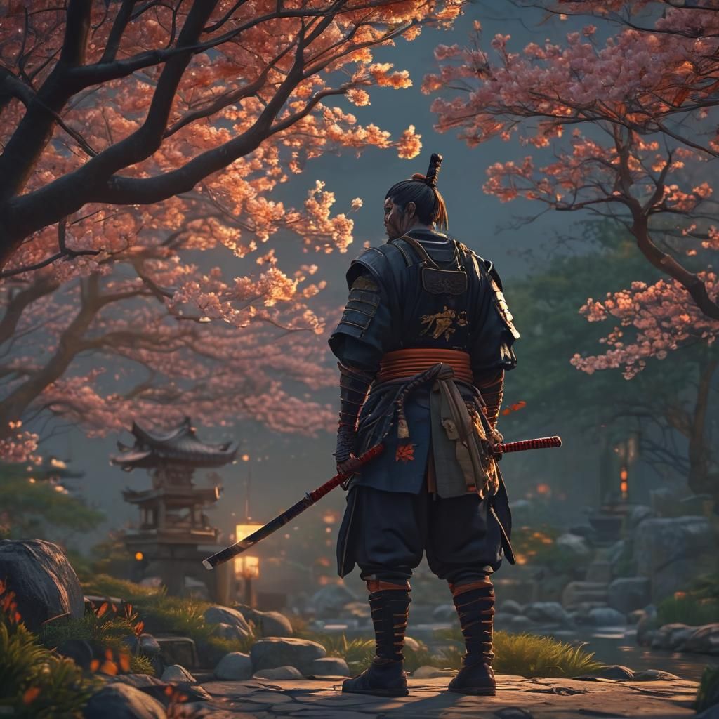 Samurai Warrior in Japanese Garden at Dusk