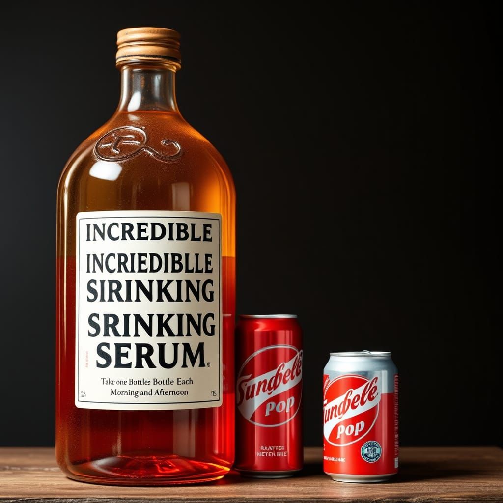 Surreal Medicine Bottle in Humongous Scale, with Tiny Soda C...