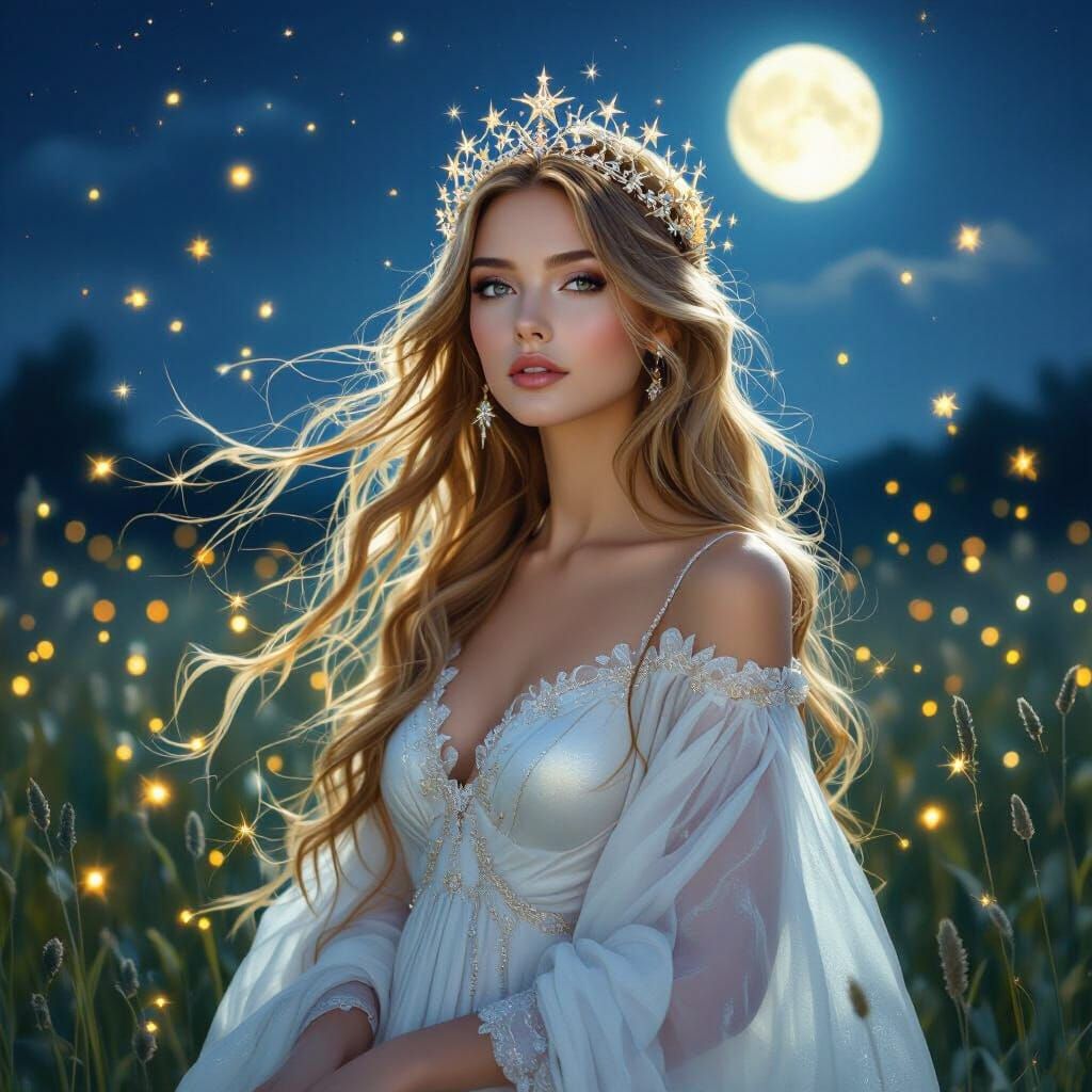 Ethereal Woman with Star Crown in Moonlit Meadow