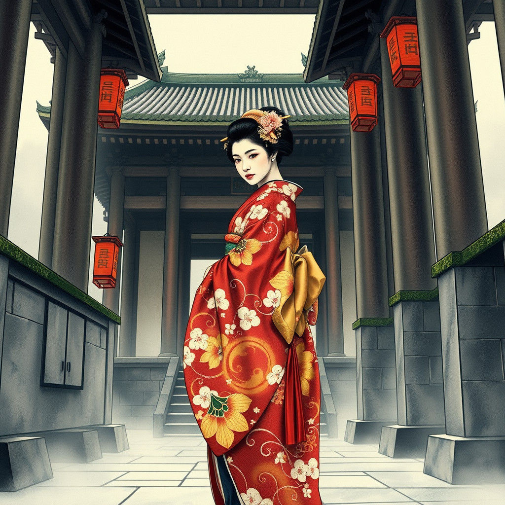 Mourning Geisha in Kimono in Ukiyo-e Style