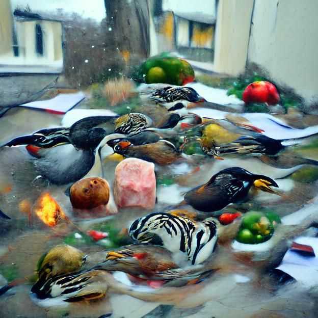 Birds Feeding in Winter: Hyperrealistic Detail