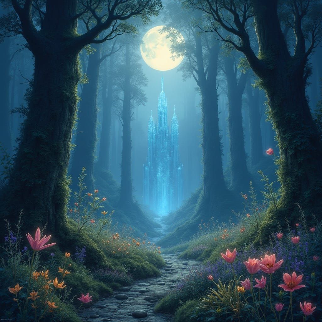 Mystical Forest City Under Ethereal Moonlight
