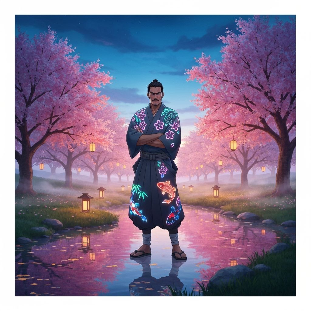 Neon Tattoo Man in Japanese Orchard: Digital Art