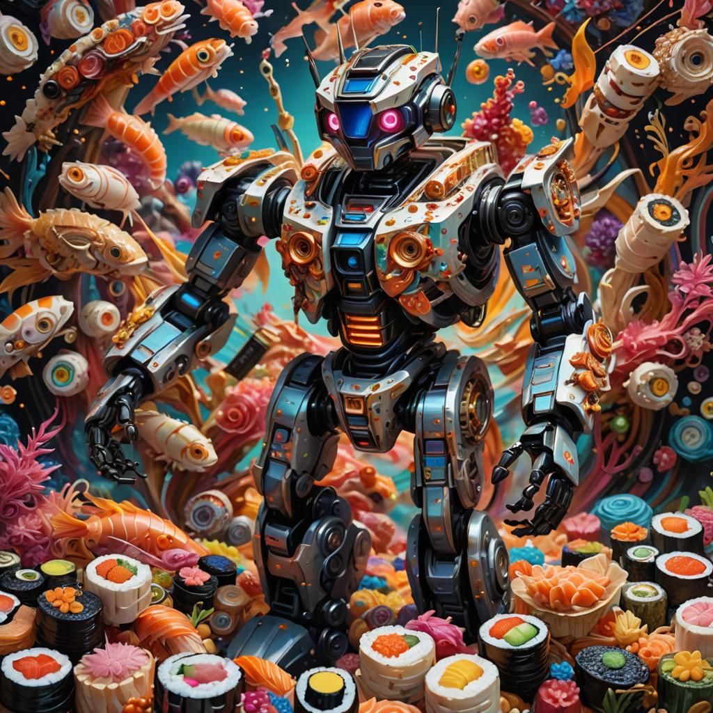 robot made of sushi and dried fish bones