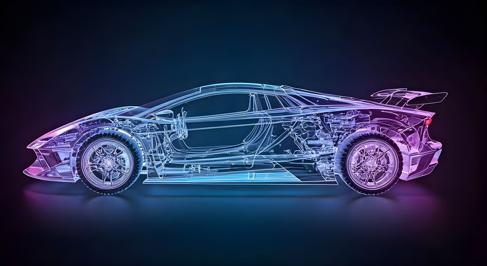 Neon Cyberpunk Hypercar Exploded Schematic in Holographic De...