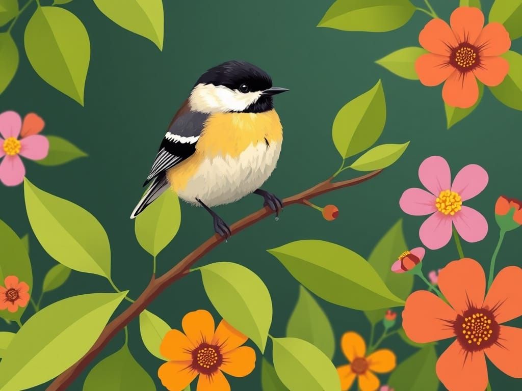 Chickadee in Geometric Style with Floral Details