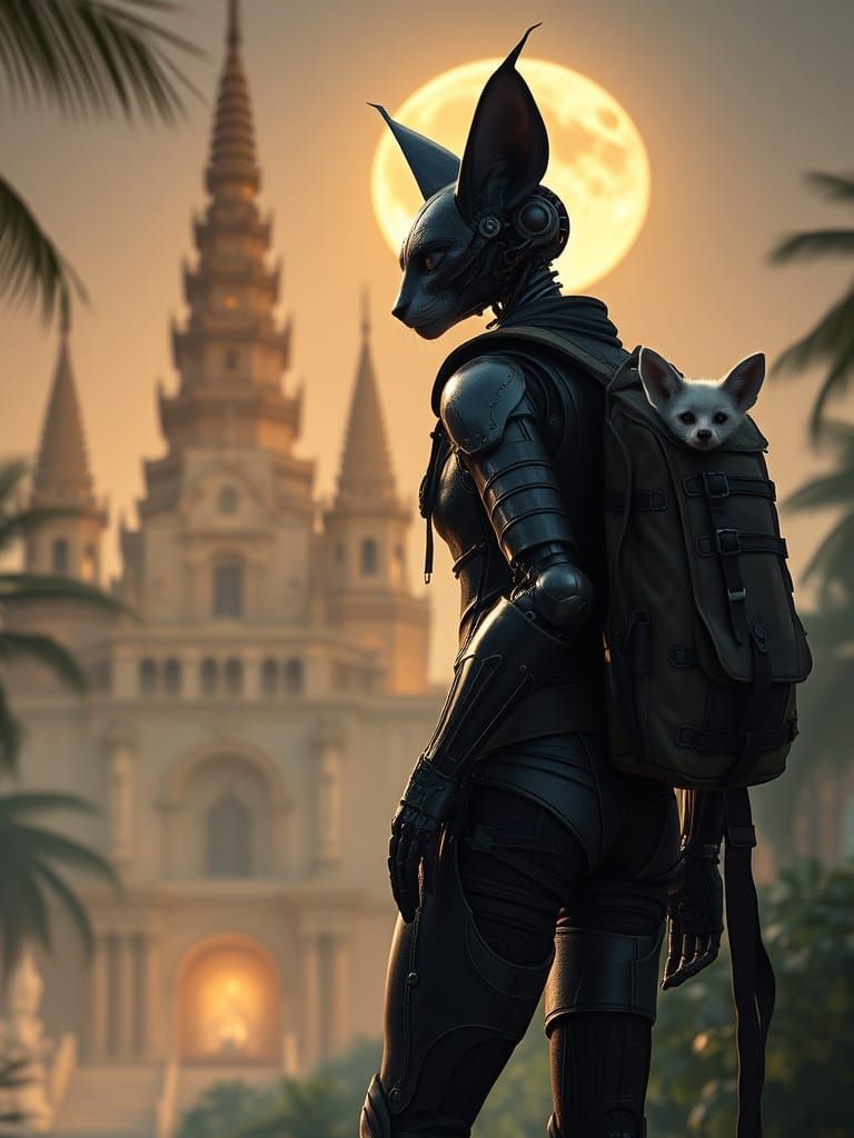 Cyberpunk Robot Rogue in Dreamlike Thai Temple