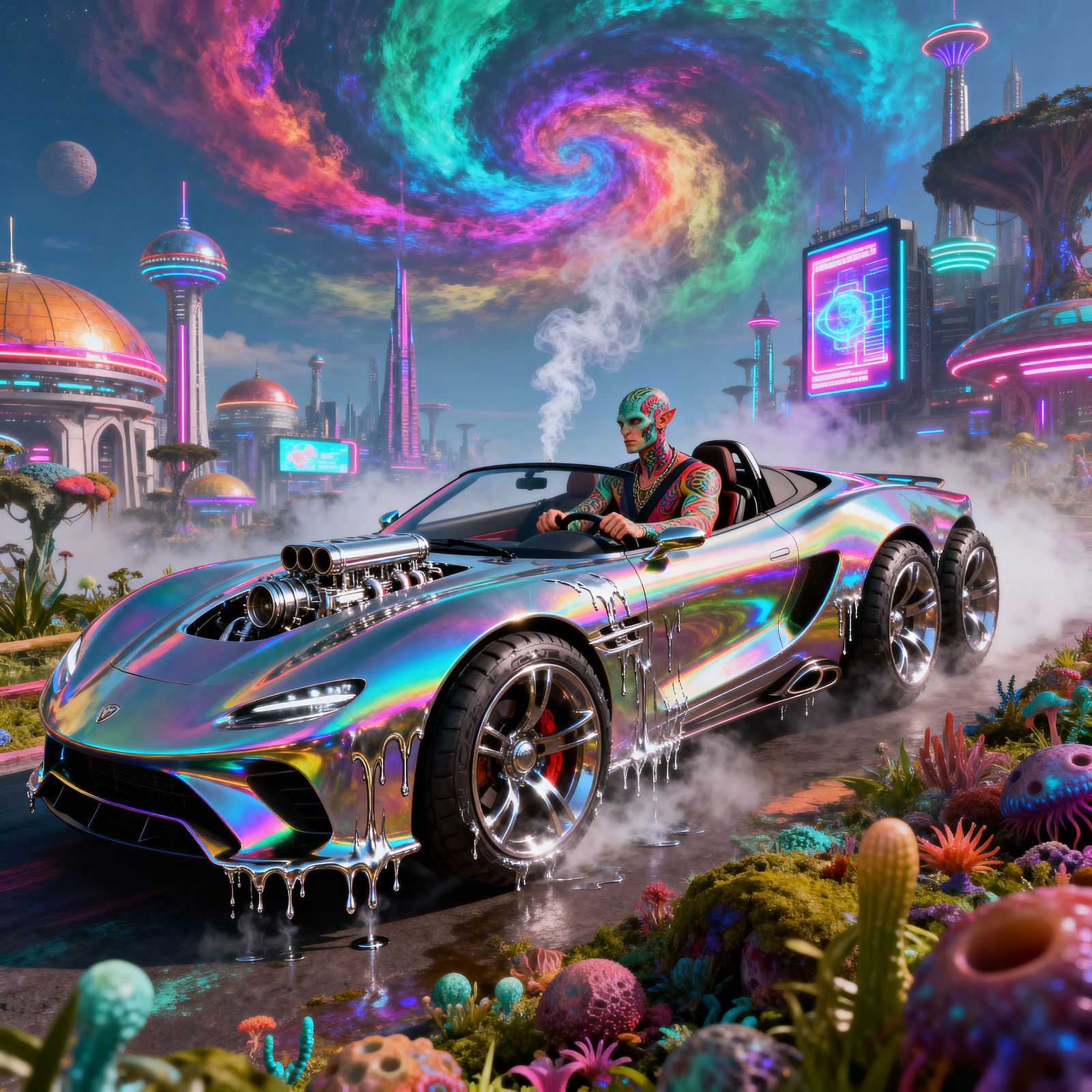 Futuristic Iridescent Supercar in Neon Metropolis