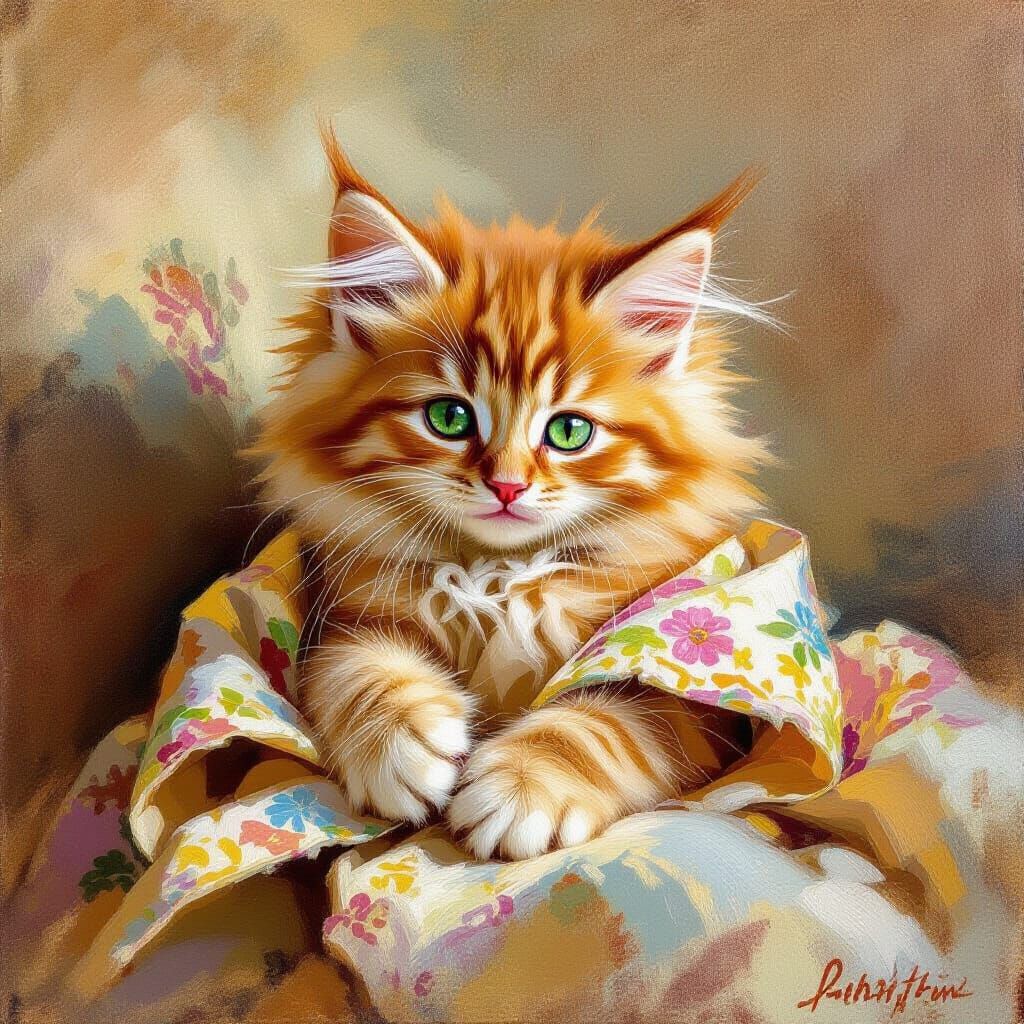 Green-Eyed Kitten Plays on Silk in Impressionist Style