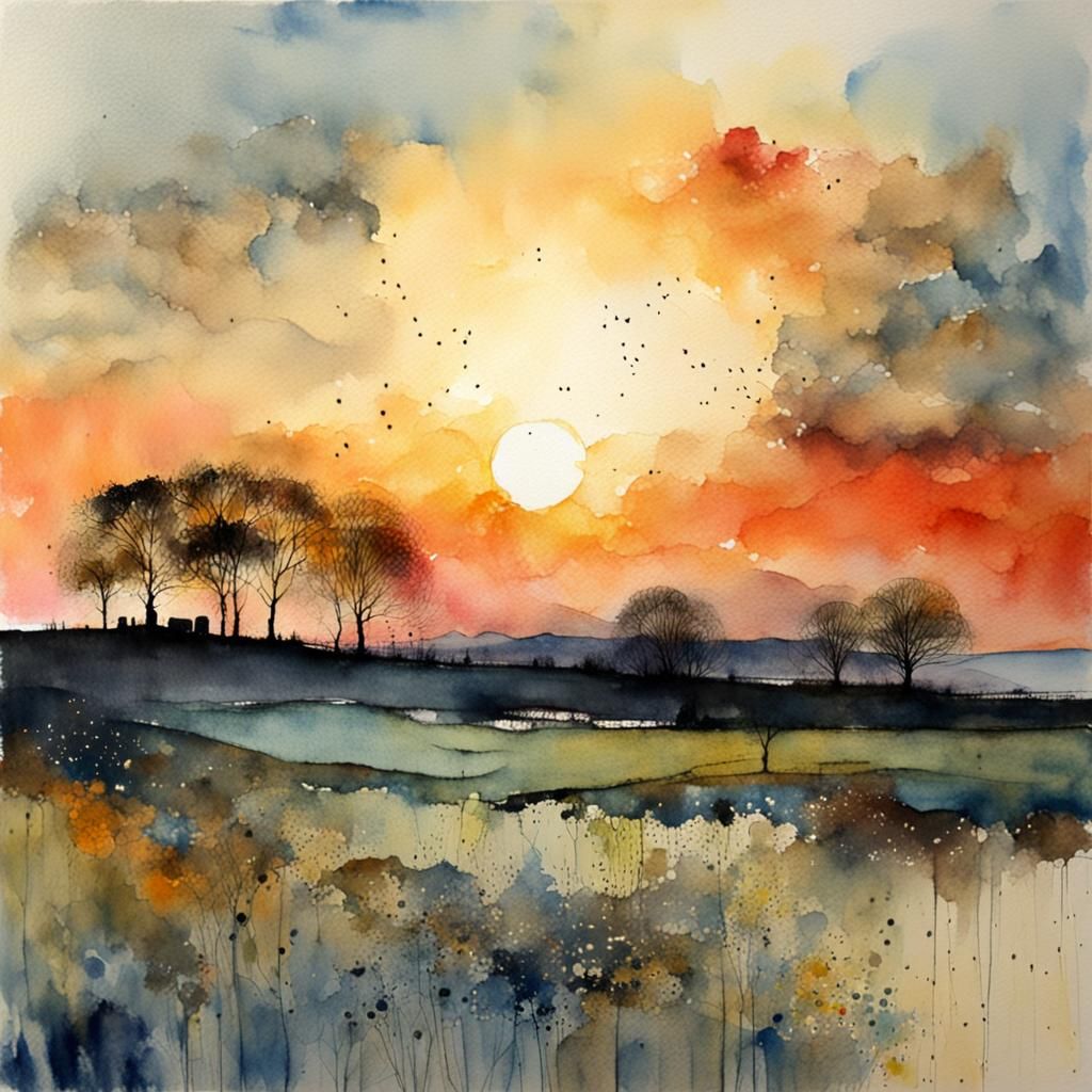 Watercolor Sunset Landscape in Mixed Media