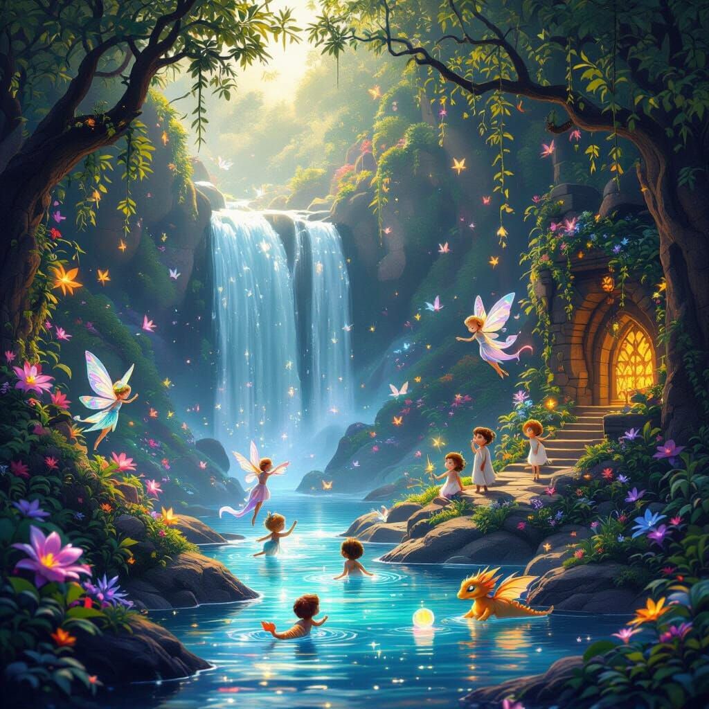 Enchanted Forest Oasis with Waterfall and Magical Creatures