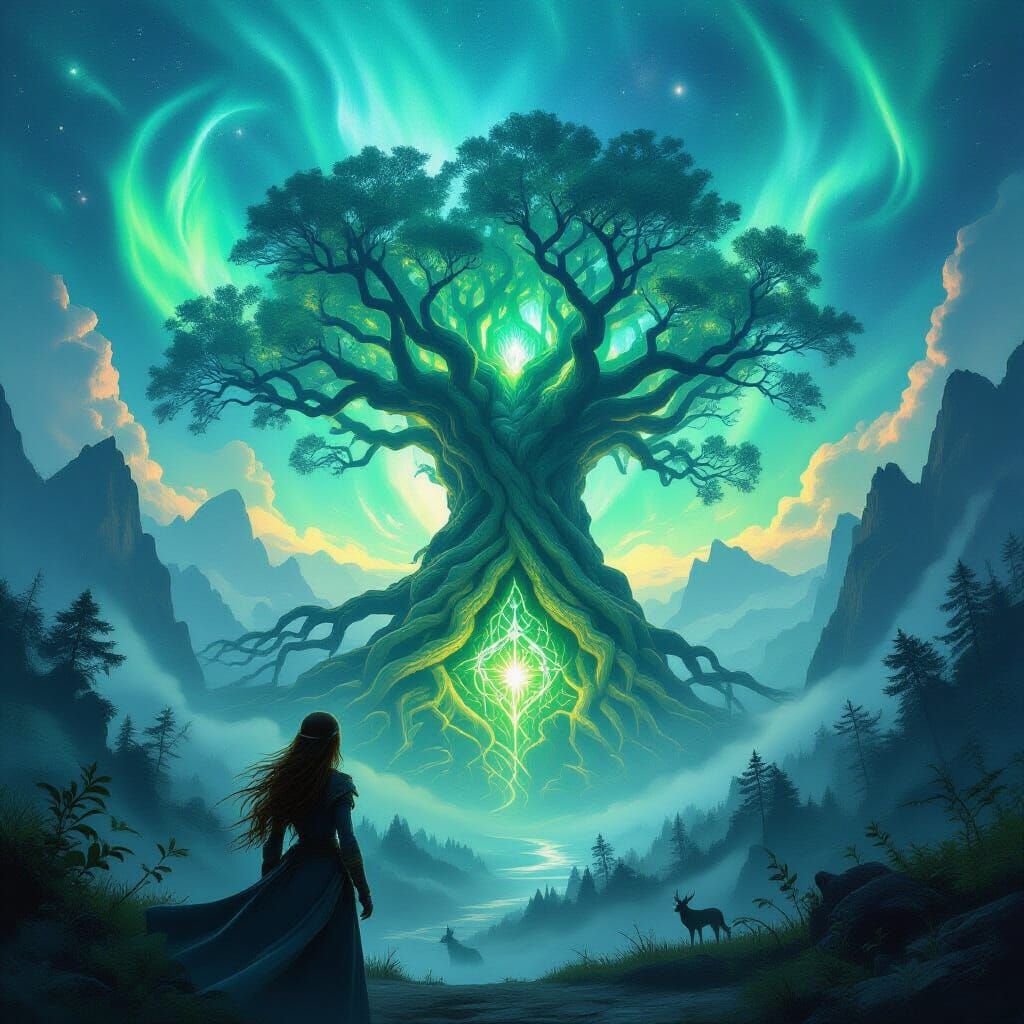 Elf Gazes at Ancient Tree with Glowing Rune Roots