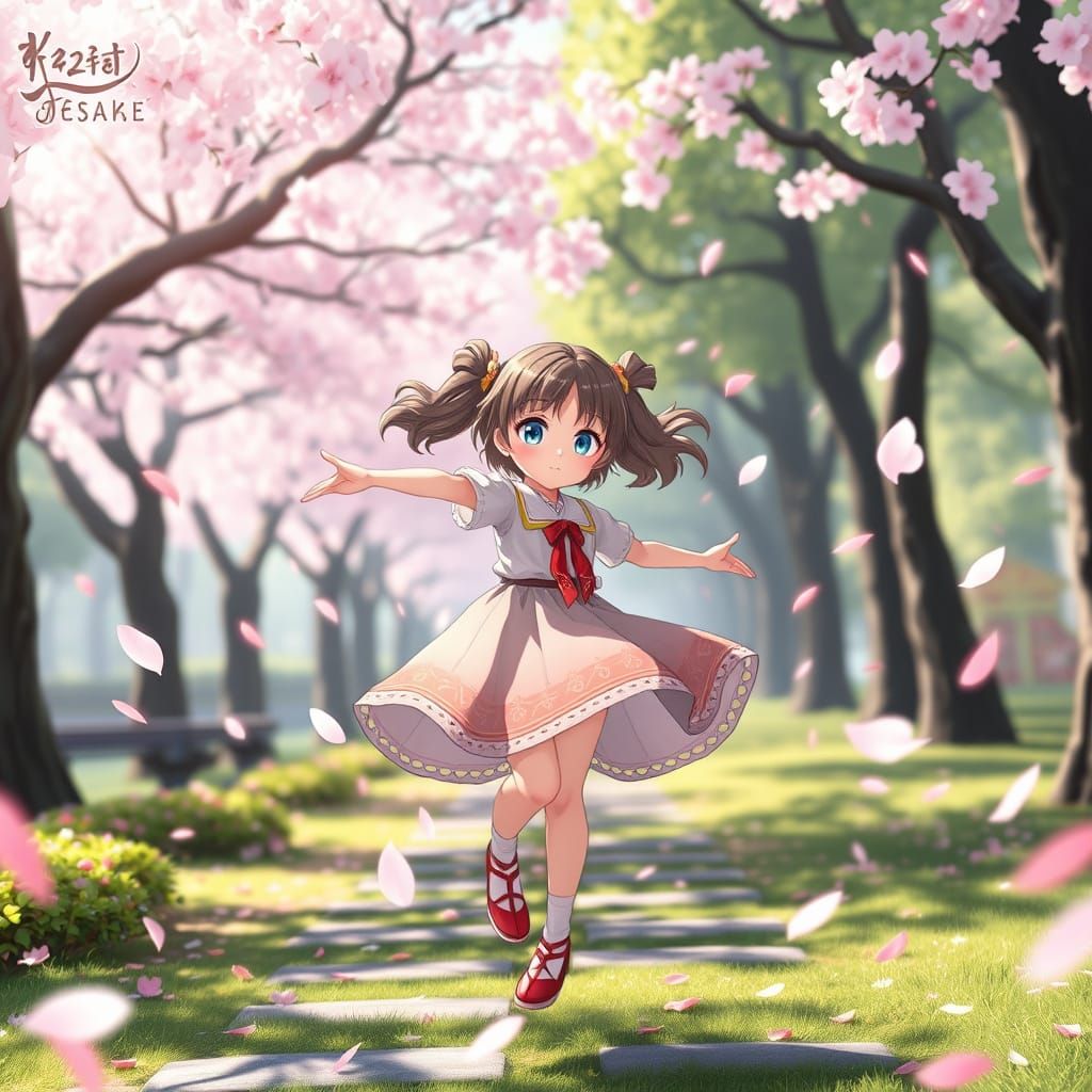Girl Twirling Amidst Falling Cherry Blossoms in 3D Anime Sty...