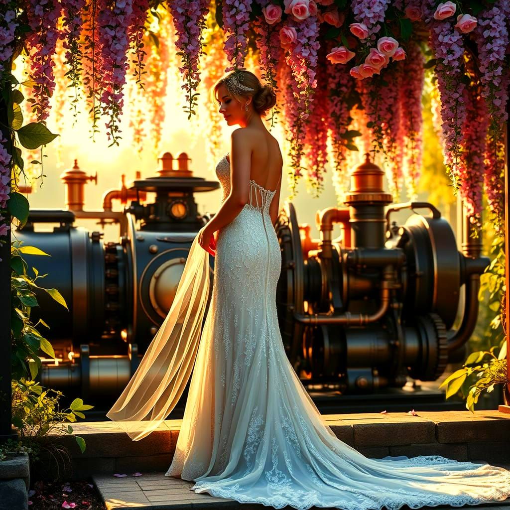 Ethereal Steampunk Bride Under Wisteria Arbor
