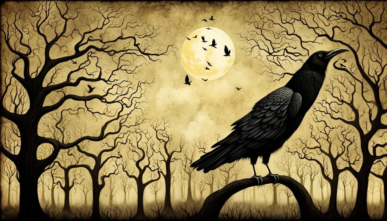 Edgy Gothic Nightmare Scene with Raven Silhouette