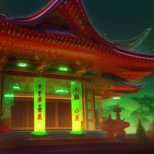 Emerald Neon Japanese Temple: Digital Concept Art