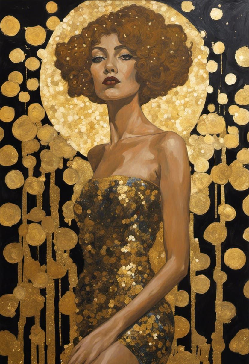 Gold Rave Vixen in Klimt-Inspired Art Nouveau Style
