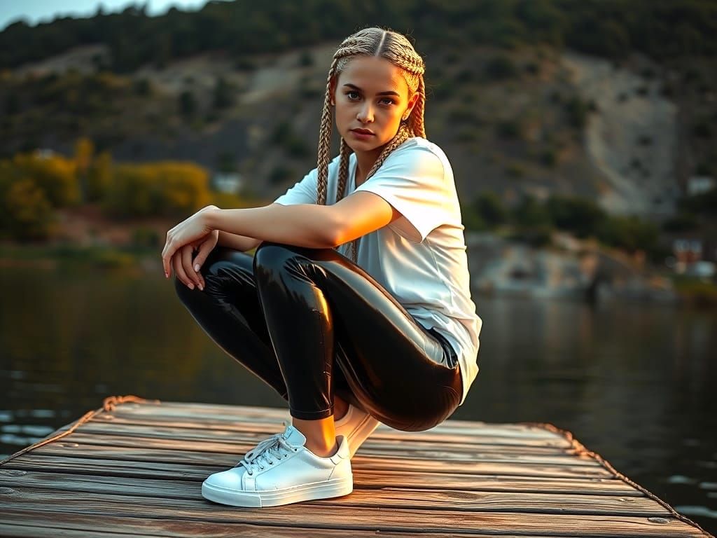Scandinavian Woman in Black Latex on Lake Jetty