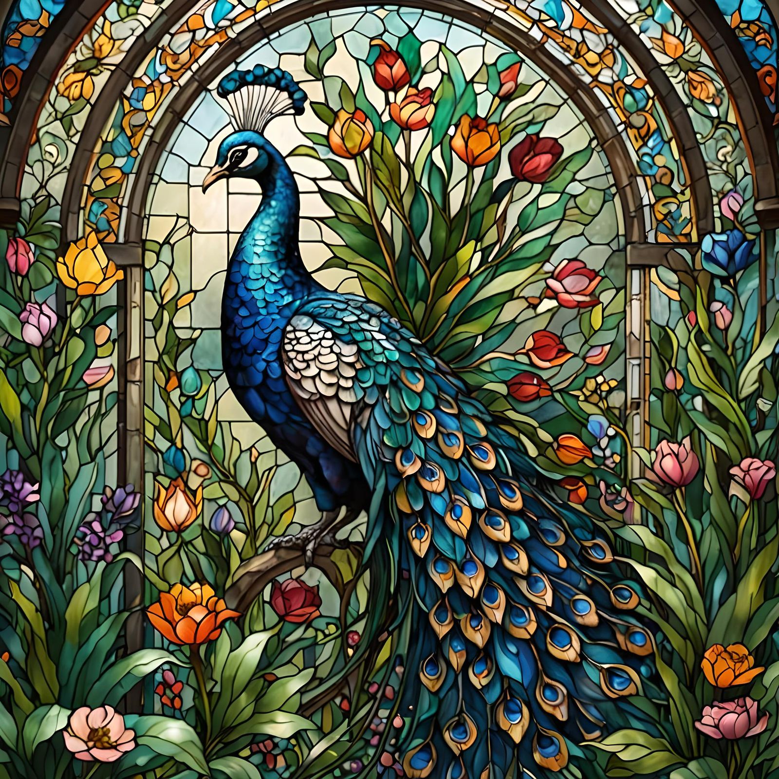 Peacock Displays Feathers in Lush Garden