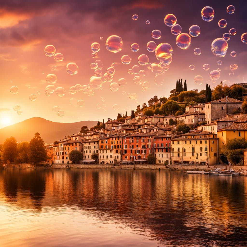 Photorealistic Sunset With Bubbles Reflecting Italian Town