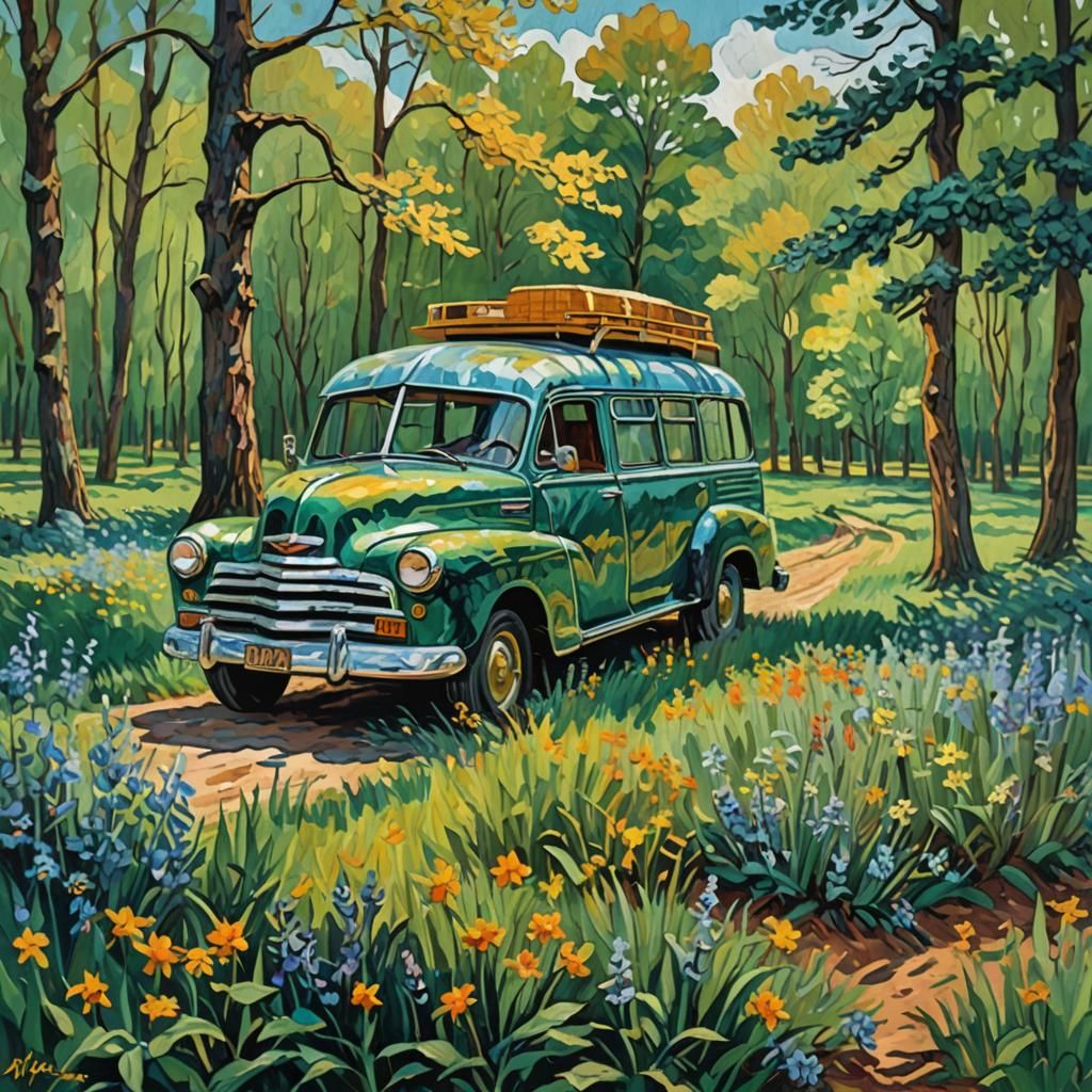 Classic Chev Fleetline Campervan in Impasto Gouache Style