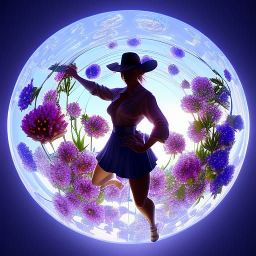 Cowgirl in Glass Sphere Amid Flowers: 8k Art