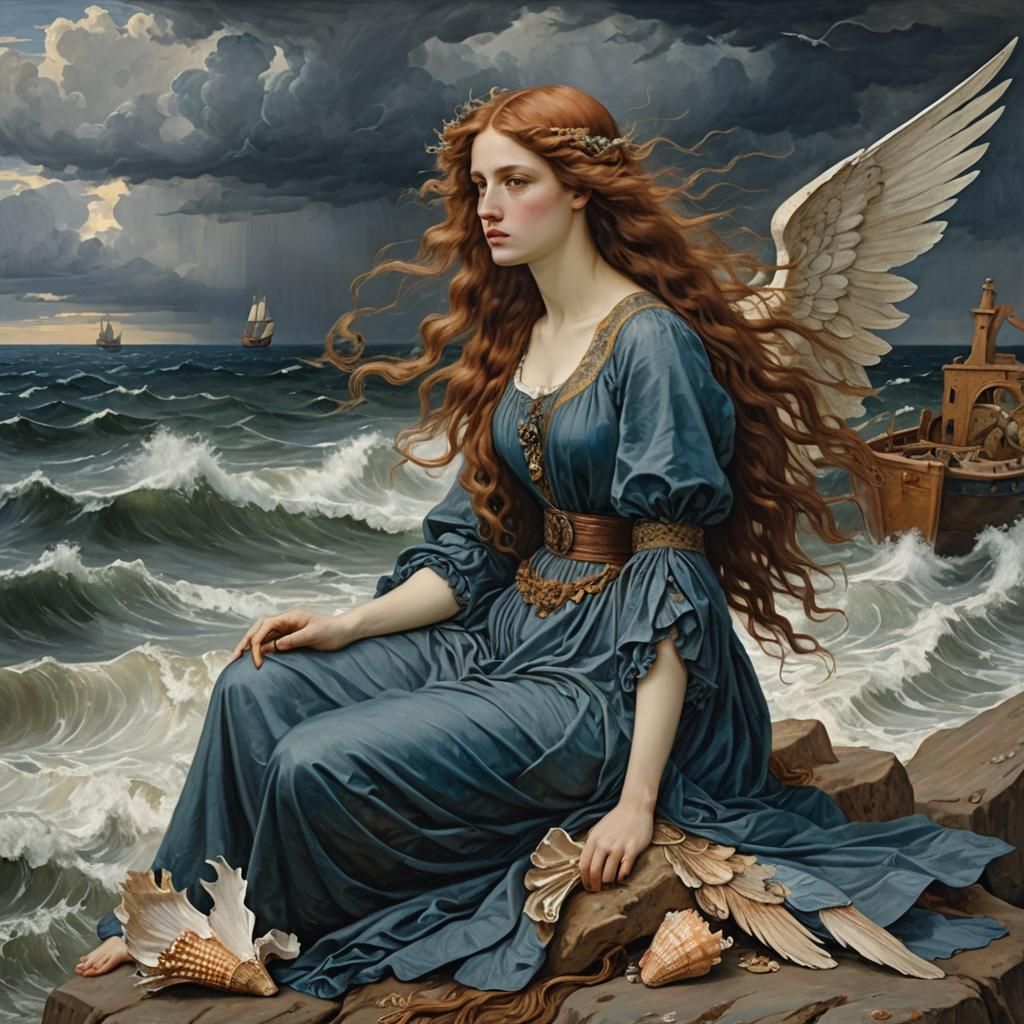 Angel with Wings by Stormy Sea, in Pre-Raphaelite Style