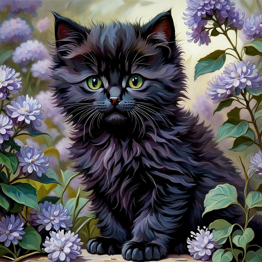 Kitten in Lilac Garden: A Waterhouse-Inspired Scene
