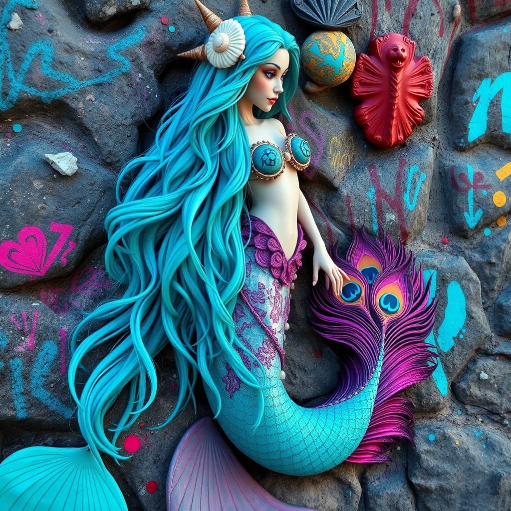 Iridescent Mermaid with Peacock Tail, Graffiti Art