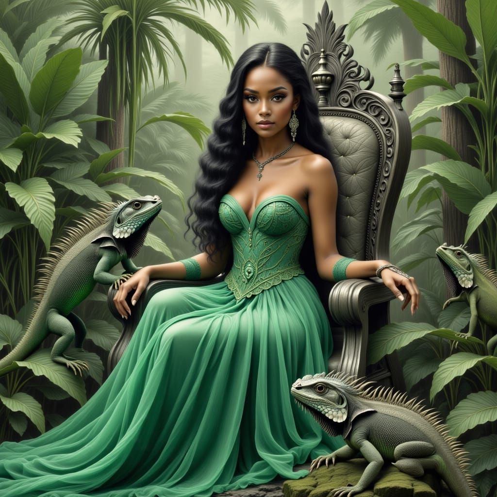 Melinda on Iguana Throne in Colored Pencil Style