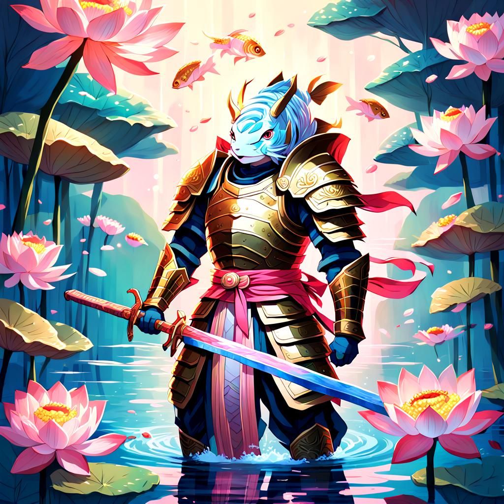 Vibrant Anime Samurai Fish Conquers Lotus Flower