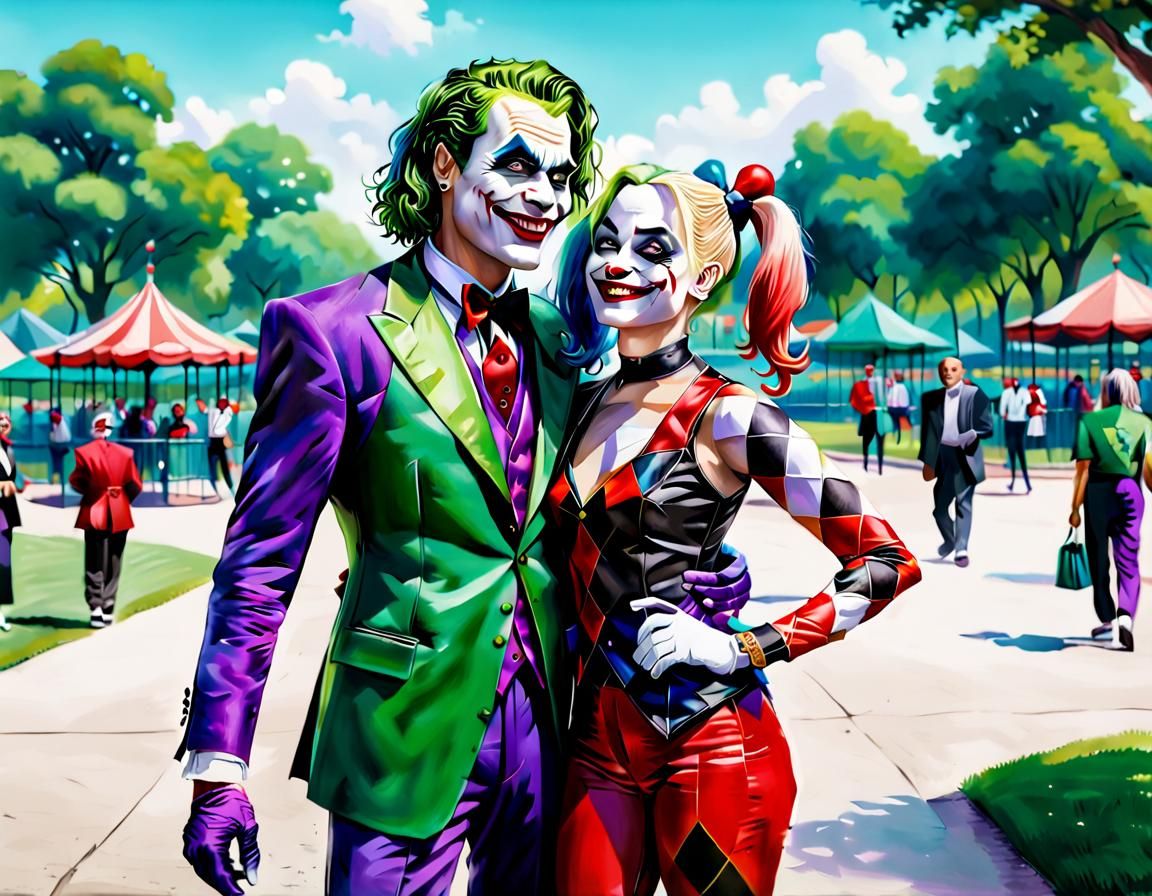 Joker and Harley Quinn in Surreal Playground Scene