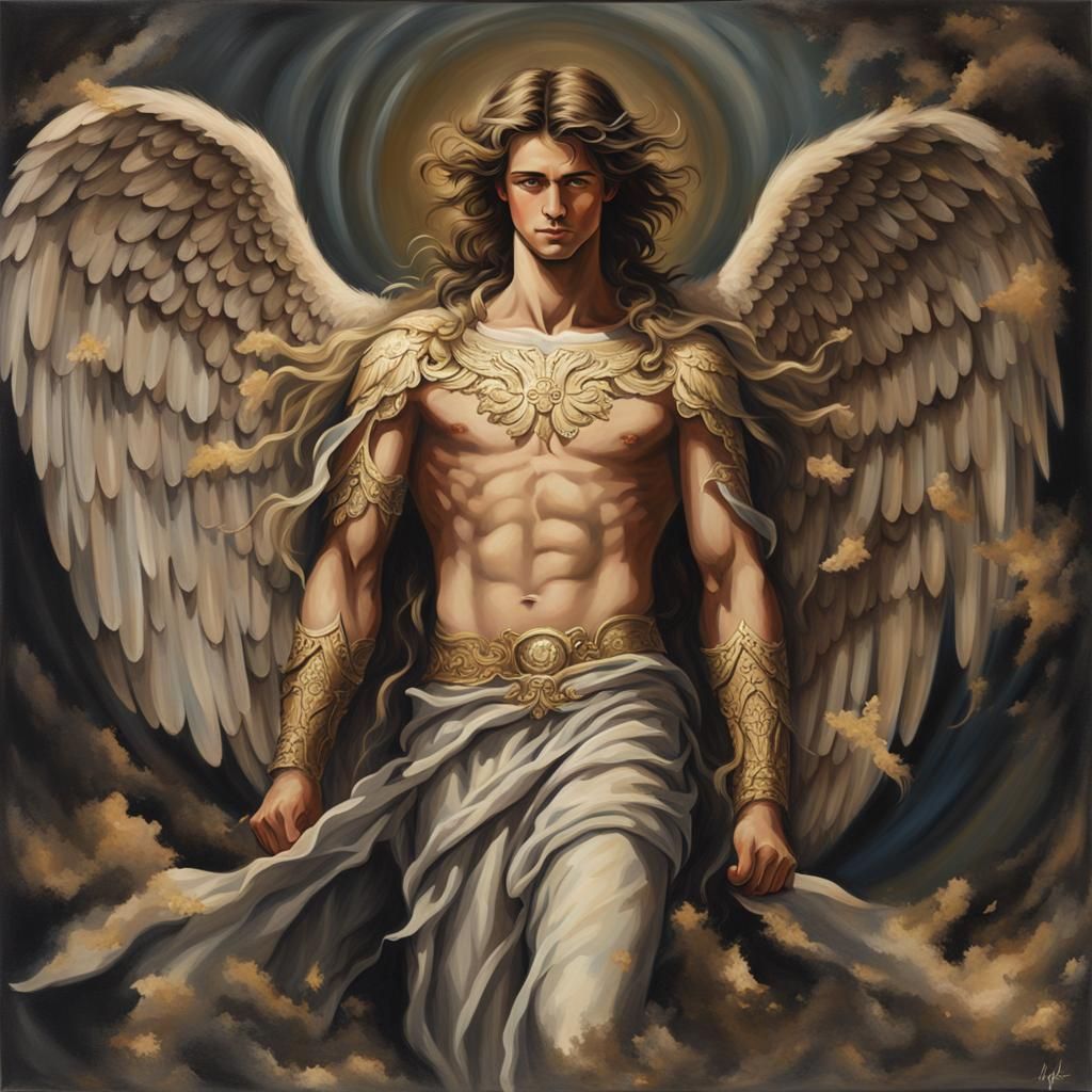 Acrylic Art: Tall Young Male Angel with Wings